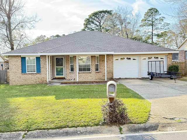 single story home with driveway, an attached garage, fence, a front lawn, and brick siding