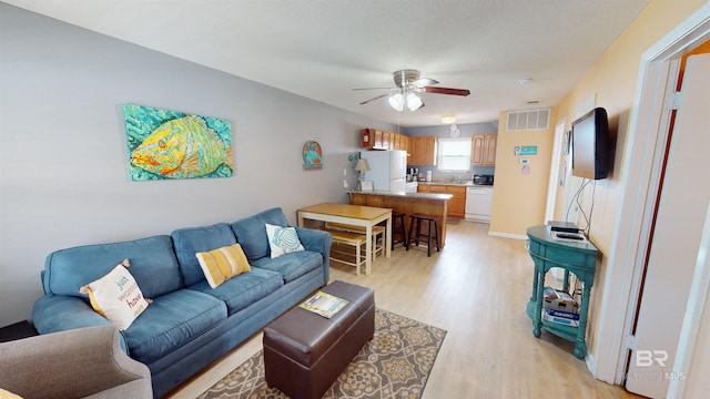 living room featuring ceiling fan and light hardwood / wood-style flooring