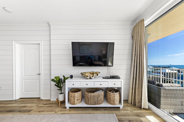 453 Dune Dr Unit 404, Gulf Shores, AL 36542 - detailed view of wood finished floors, ornamental molding, wood walls, and a smoke detector