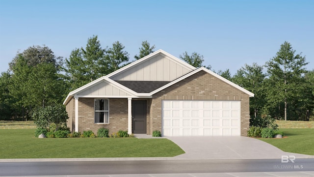 single story home with brick siding, an attached garage, board and batten siding, driveway, and a front lawn