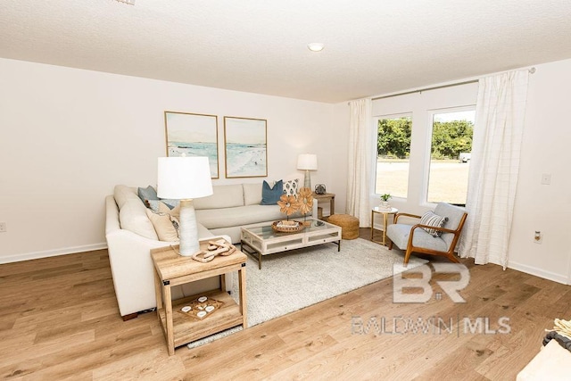 living area featuring a textured ceiling, wood finished floors, and baseboards