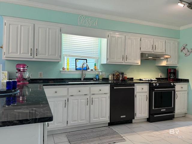 kitchen featuring under cabinet range hood, white cabinetry, black range with gas stovetop, and a sink