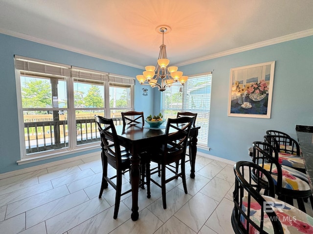 dining space with baseboards, a notable chandelier, marble finish floor, and crown molding