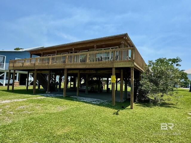 view of home's community featuring a yard, a carport, and a wooden deck