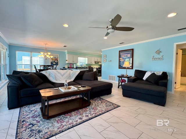 living area featuring visible vents, marble finish floor, and crown molding