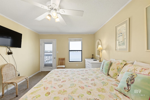 1872 W Beach Blvd Unit 206, Gulf Shores, AL 36542 - bedroom with access to outside, carpet, crown molding, ceiling fan, and baseboards