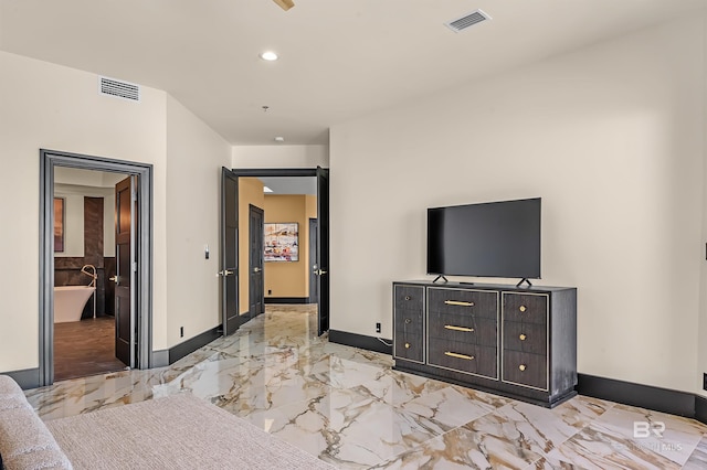 bedroom with marble finish floor, baseboards, visible vents, and recessed lighting