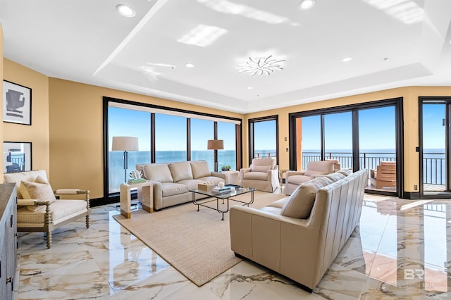 living area featuring marble finish floor, a raised ceiling, and plenty of natural light