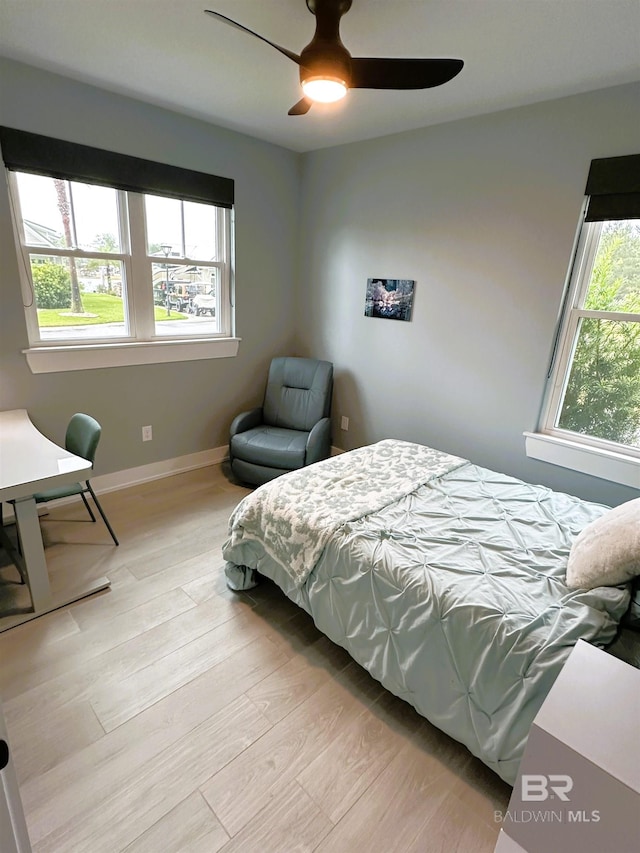 bedroom featuring ceiling fan and light hardwood / wood-style floors