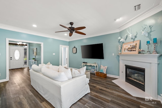 19083 County Road 13, Fairhope, AL 36532 - living room featuring ornamental molding, wood finished floors, ceiling fan, recessed lighting, and a fireplace with flush hearth