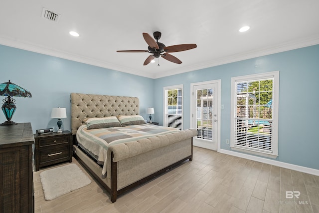 19083 County Road 13, Fairhope, AL 36532 - bedroom with access to exterior, light wood-style floors, baseboards, ornamental molding, and a ceiling fan