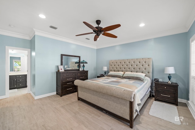 19083 County Road 13, Fairhope, AL 36532 - bedroom with baseboards, light wood-style floors, ornamental molding, a ceiling fan, and recessed lighting