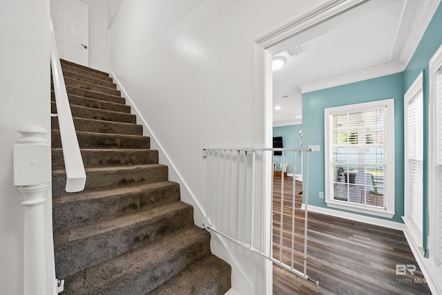 19083 County Road 13, Fairhope, AL 36532 - stairway with ornamental molding, wood finished floors, and baseboards