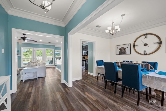 19083 County Road 13, Fairhope, AL 36532 - dining space with a chandelier, dark wood-style flooring, crown molding, baseboards, and a ceiling fan