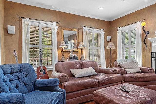 living room featuring crown molding and hardwood / wood-style floors