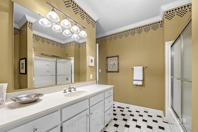 bathroom with an enclosed shower, crown molding, and vanity