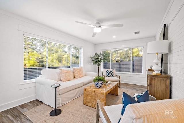 living room featuring wood-type flooring, ceiling fan, and crown molding