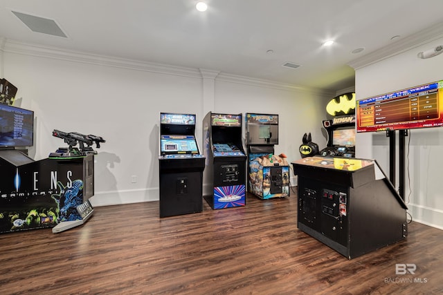 home office featuring dark wood-type flooring and crown molding