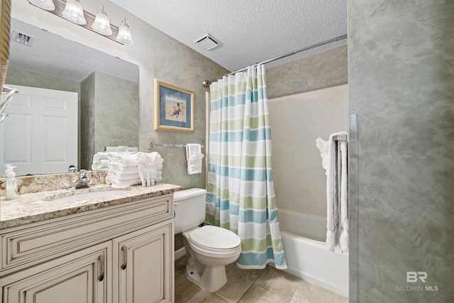 full bathroom featuring a textured ceiling, toilet, vanity, and shower / bath combination with curtain