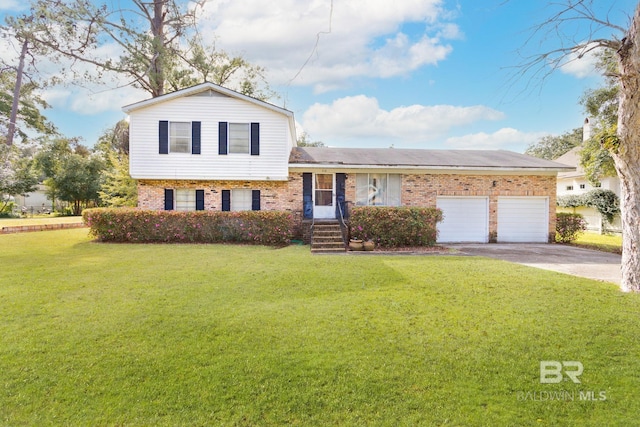 split level home featuring a garage and a front lawn