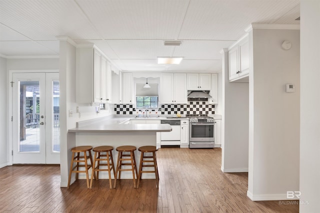 kitchen with white dishwasher, stainless steel range with electric cooktop, under cabinet range hood, decorative backsplash, and hardwood / wood-style floors