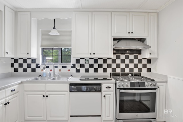 kitchen with dishwasher, stainless steel gas range oven, range hood, a sink, and white cabinetry