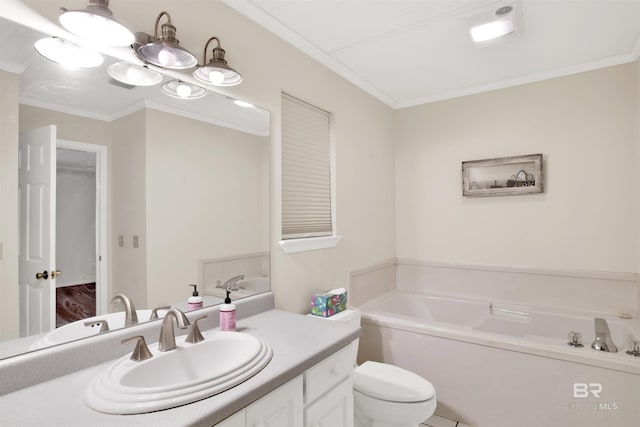 full bath featuring crown molding, a bath, vanity, and toilet