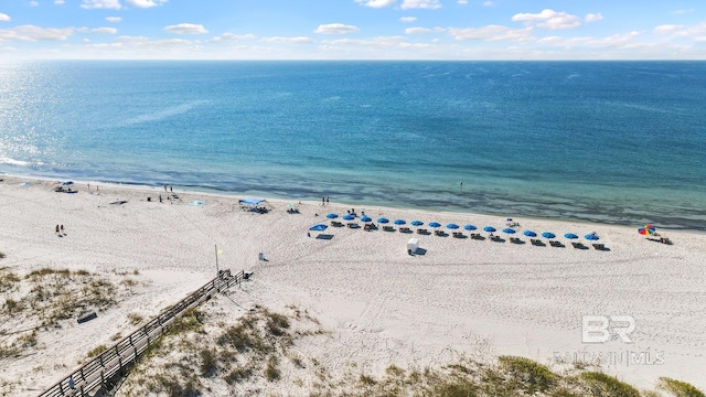 aerial view with a water view and a view of the beach