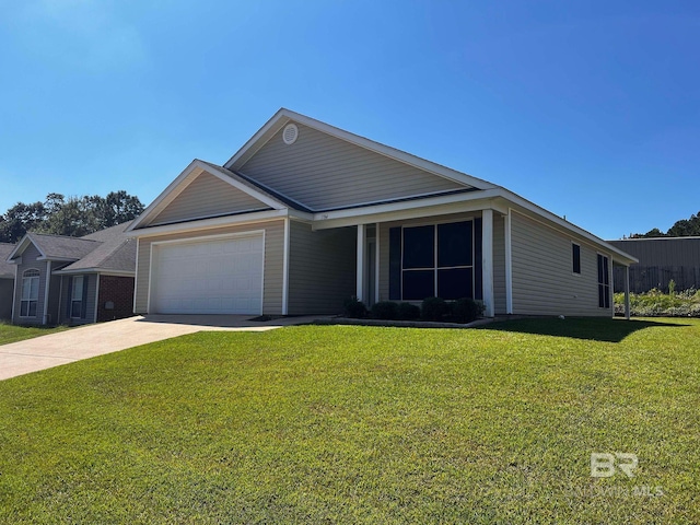 ranch-style house with a front yard and a garage