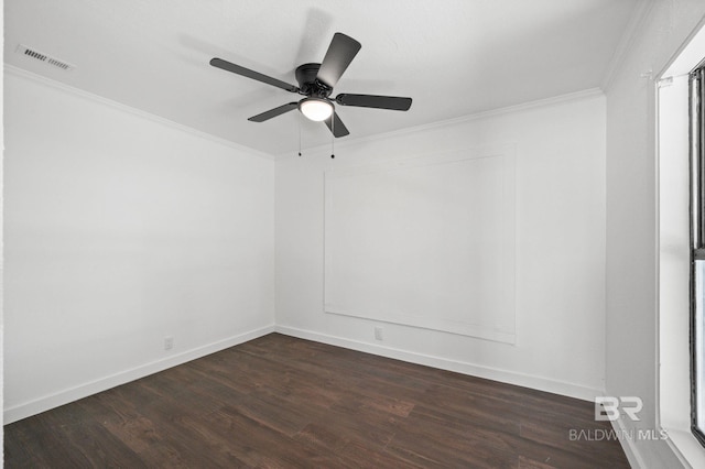 unfurnished room with ornamental molding, dark hardwood / wood-style flooring, and ceiling fan