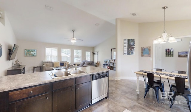 11116 Sturbridge Loop, Daphne, AL 36526 - kitchen featuring stainless steel dishwasher, a sink, dark brown cabinets, lofted ceiling, and light countertops