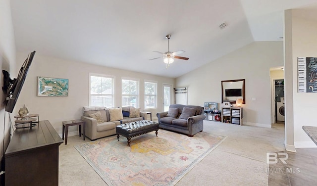 11116 Sturbridge Loop, Daphne, AL 36526 - living area with washer / dryer, carpet, ceiling fan, vaulted ceiling, and baseboards
