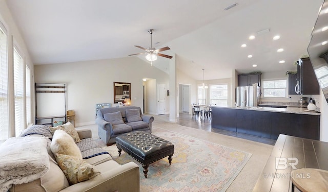 11116 Sturbridge Loop, Daphne, AL 36526 - living area featuring ceiling fan, baseboards, recessed lighting, and high vaulted ceiling