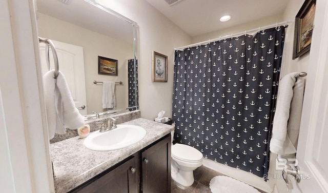 11116 Sturbridge Loop, Daphne, AL 36526 - bathroom featuring toilet, vanity, tile patterned floors, and a shower with shower curtain