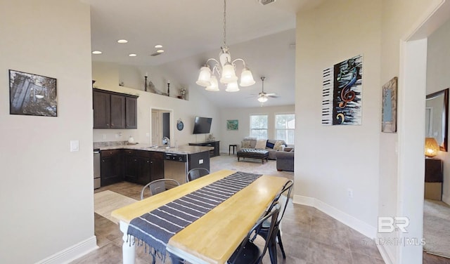 11116 Sturbridge Loop, Daphne, AL 36526 - dining room featuring baseboards, a chandelier, a ceiling fan, high vaulted ceiling, and recessed lighting