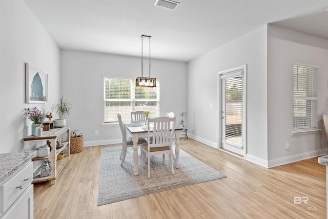 dining space featuring plenty of natural light, light hardwood / wood-style floors, and a textured ceiling