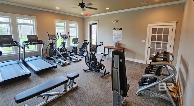 workout area with dark colored carpet, ornamental molding, and ceiling fan