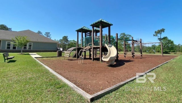 view of playground featuring a lawn