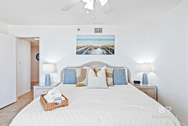24400 Perdido Beach Blvd Unit 501, Orange Beach, AL 36561 - bedroom featuring tile patterned floors, a textured ceiling, ceiling fan, and visible vents