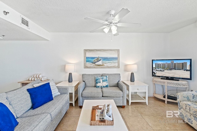 24400 Perdido Beach Blvd Unit 501, Orange Beach, AL 36561 - tiled living area with a textured ceiling, visible vents, and a ceiling fan