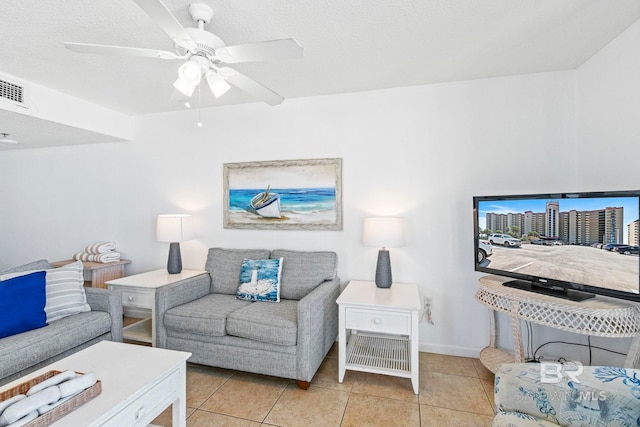 24400 Perdido Beach Blvd Unit 501, Orange Beach, AL 36561 - living area with light tile patterned flooring, a textured ceiling, visible vents, baseboards, and a ceiling fan