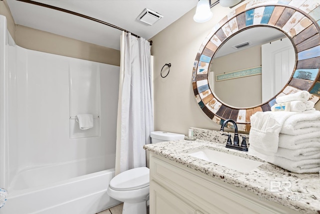 full bathroom with tile patterned flooring, vanity, shower / tub combo with curtain, and toilet