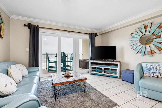 living room featuring light tile patterned flooring and ornamental molding