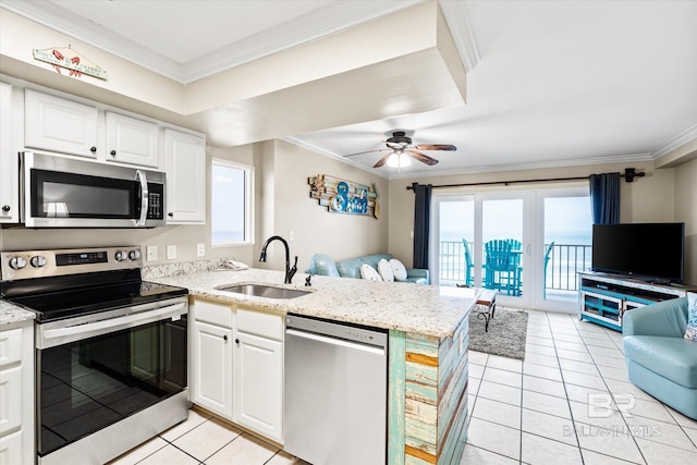 kitchen featuring appliances with stainless steel finishes, sink, white cabinets, and kitchen peninsula