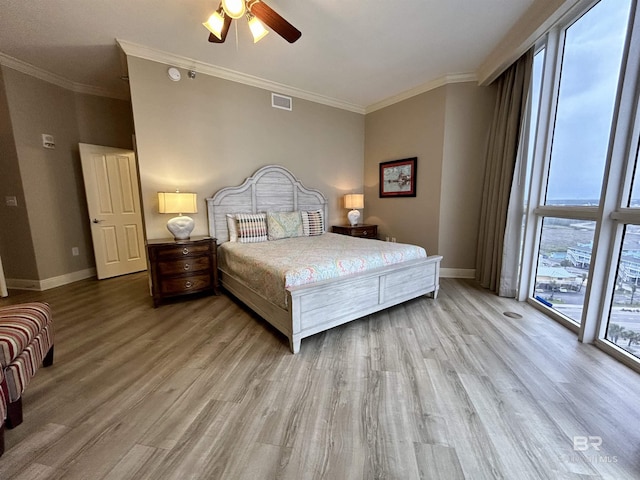 bedroom featuring access to exterior, ceiling fan, ornamental molding, and light hardwood / wood-style flooring