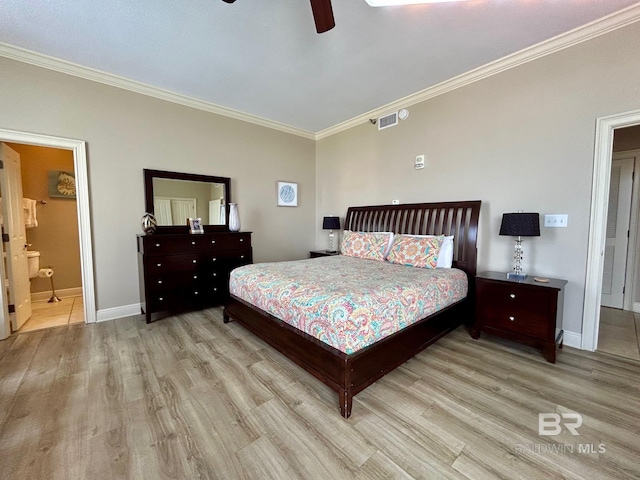 bedroom with ceiling fan, light hardwood / wood-style flooring, connected bathroom, and ornamental molding