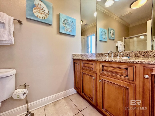 bathroom featuring tile patterned flooring, toilet, an enclosed shower, vanity, and crown molding