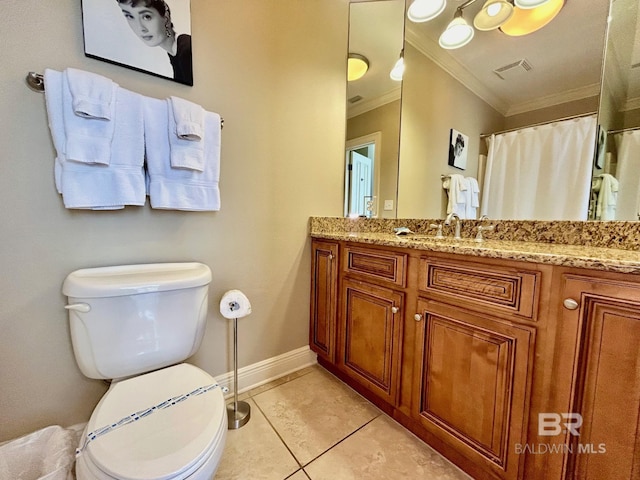 bathroom with tile patterned flooring, toilet, crown molding, vanity, and curtained shower