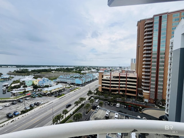 exterior space with a water view