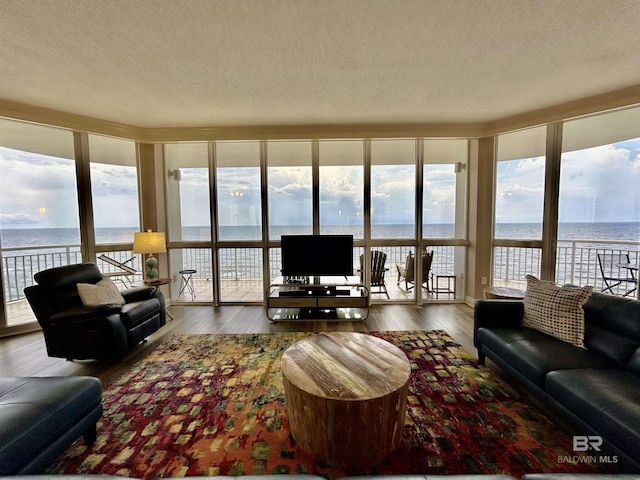 living room with hardwood / wood-style floors and a water view